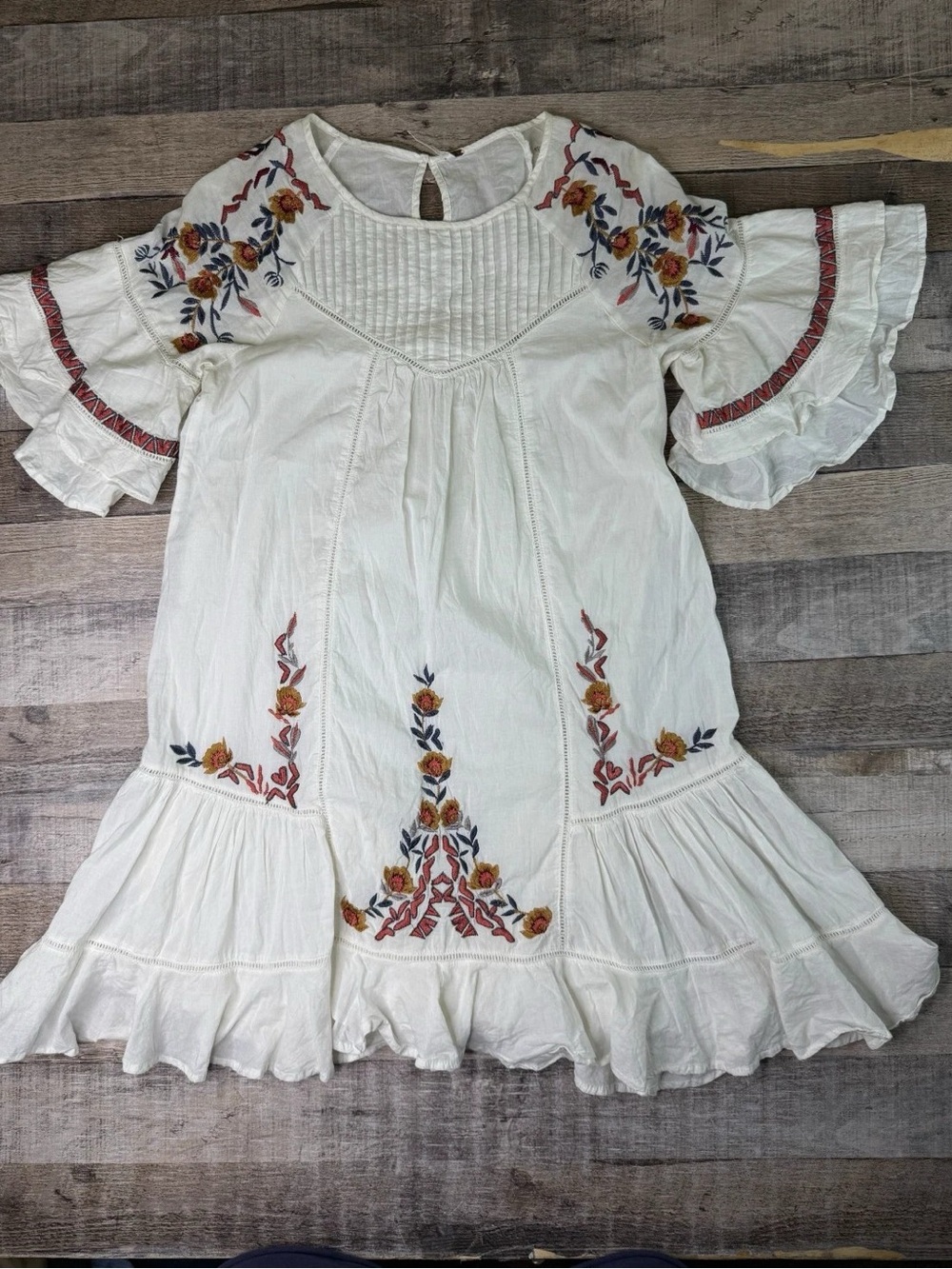 Free People Ivory Embroidered Ruffle Boho Dress